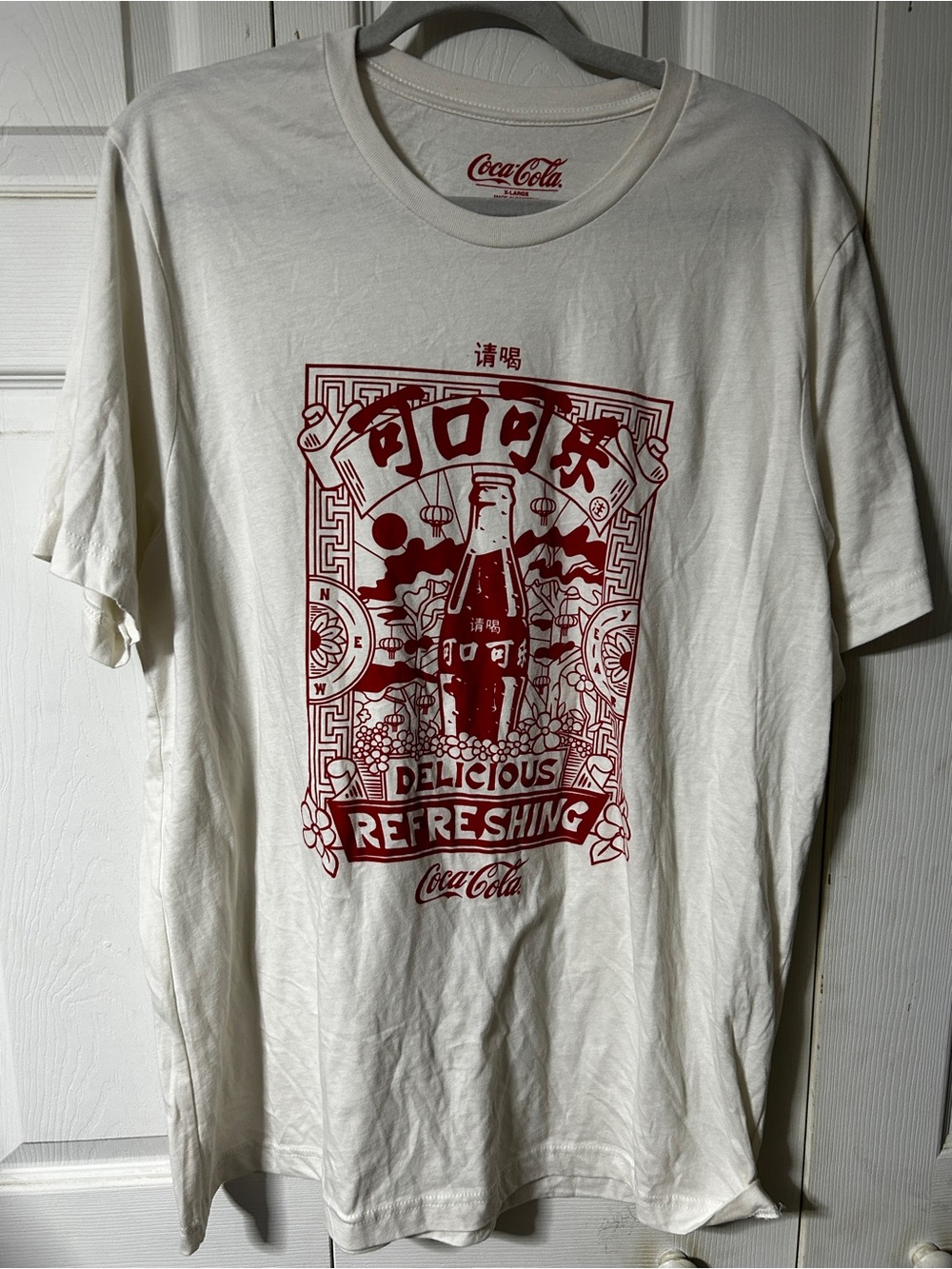 Coca Cola White Short Sleeve Tee with Red Graphic Bottle Design